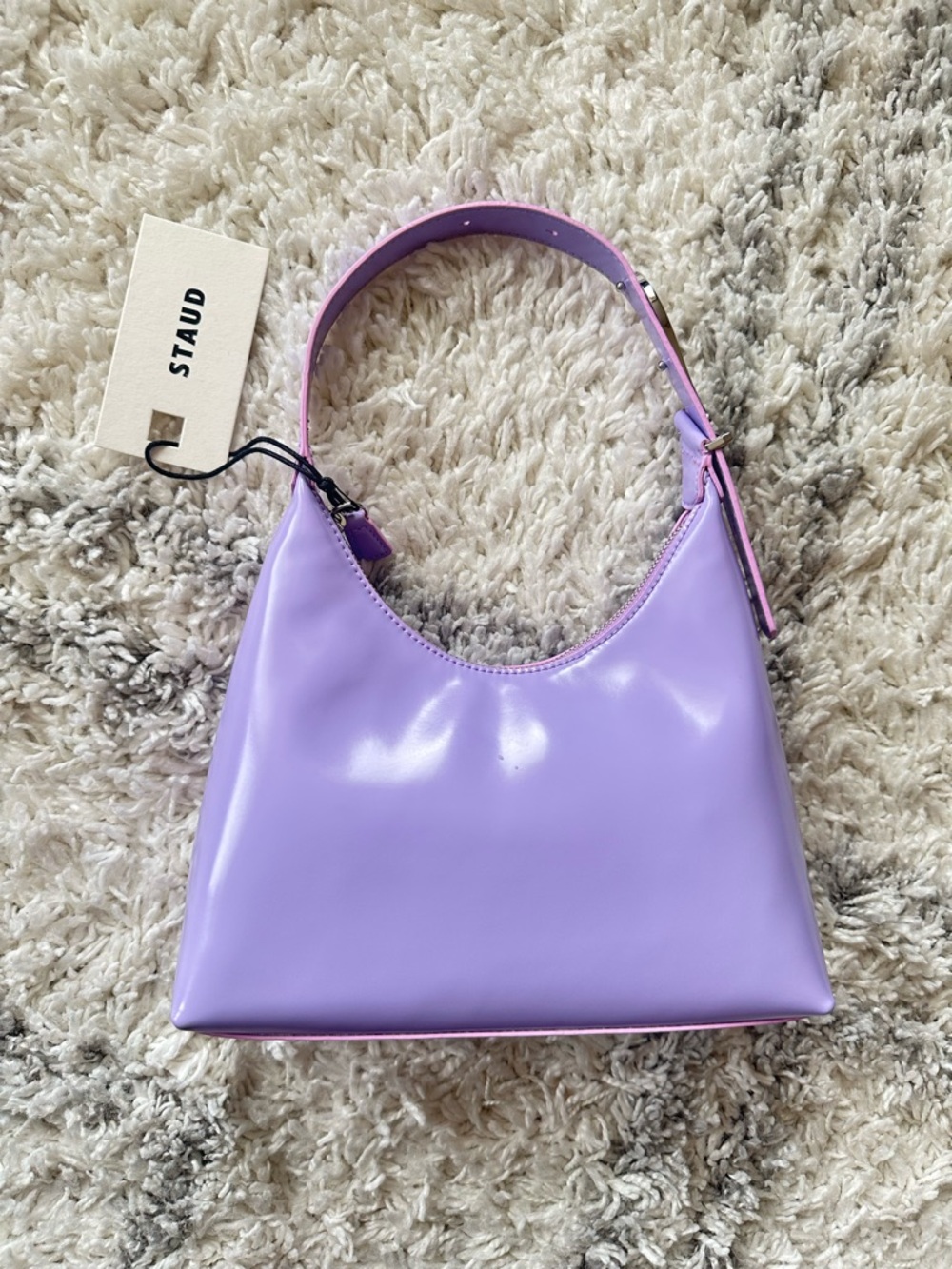 STAUD Scotty Bag Lavender Patent Shoulder Bag Zipper Buckle Accent Dust Bag